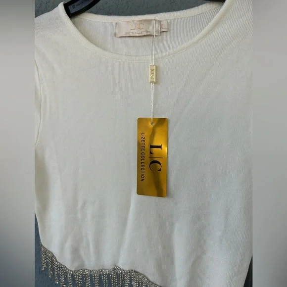 Lizette Collection Rhinestone Fringe Hem Crop Stretchy Top XL Club Nightwear - Picture 5 of 5